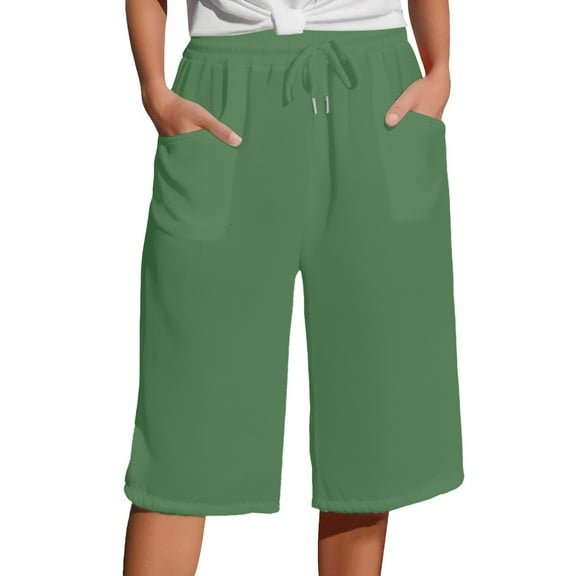 Seductiva Casual Pants for Women Women's Solid Color Cotton Linen Pants with Pockets Drawstring Loose Casual Five Quarter Pants Soft Leggings for Women 1PC