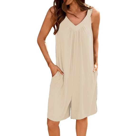 Seductiva Casual Pants for Women Women's Summer Fashionable Casual Solid Color V Neck Loose Pocket Sleeveless Shorts Jumpsuit Soft Leggings for Women 1PC