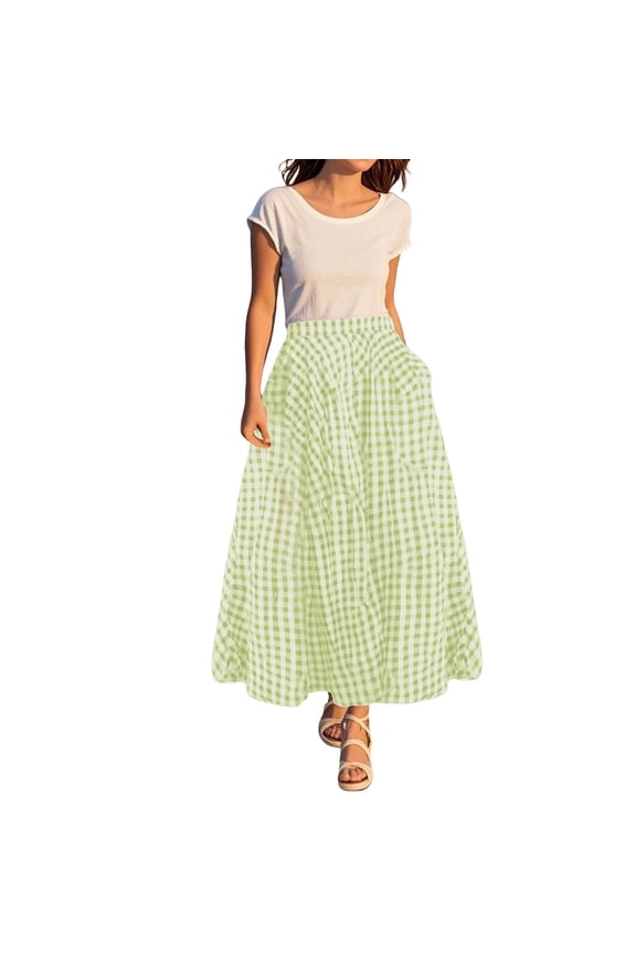 Seductiva Casual Pants for Women Women's Summer Elastic High Waist Plaid Ruffled Maxi Skirt Swing Flowy A Line Skirt Soft Leggings for Women 1PC