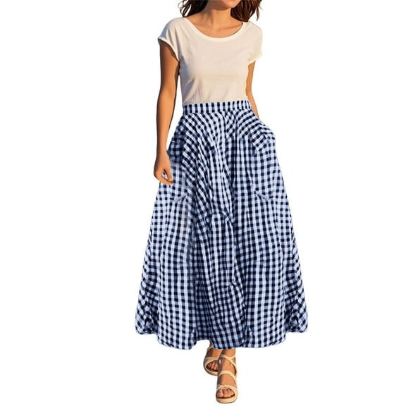 Seductiva Casual Pants for Women Women's Summer Elastic High Waist Plaid Ruffled Maxi Skirt Swing Flowy A Line Skirt Soft Leggings for Women 1PC