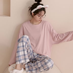 Seductiva Clothing Cotton Pajamas for Women Fall Sets for Women Casual Crewneck Plaid Pajama Tops Loose Fit 2 Loungewear Wide Leg Pants with Pocket Two Piece Soft Sleepwear