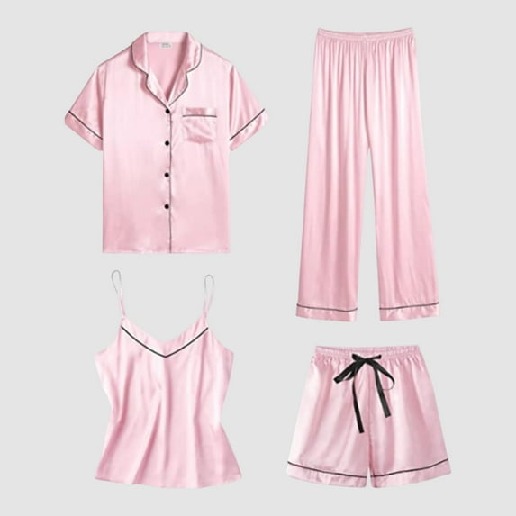 Seductiva Cotton Pajamas for Women Satin Pyjamas Women's Short 4 Piece Pyjamas Short Sleeve Sleepwear and Shorts Set Women Sets Leisure Suit Loungewear Two Piece Soft Sleepwear
