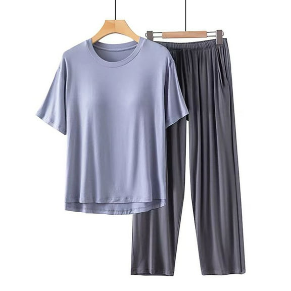 Seductiva Cotton Pajamas for Women Women's Spring/Summer Round Neck Short Sleeve Pants Solid Color with Chest Mat Loose Casual Pajamas Sleepwear Set Two Piece Soft Sleepwear