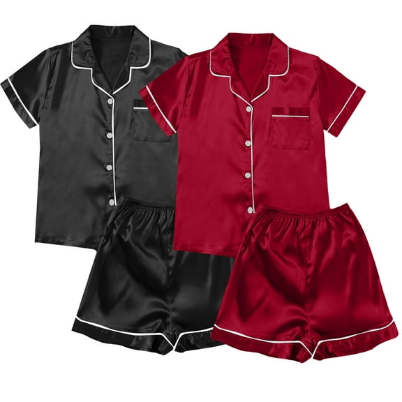 Seductiva Clothing 2 Piece Lounge Pjs Satin Pyjamas Women's Short 4 Piece Pyjamas Short Sleeve Sleepwear and Shorts Set Women Sets Leisure Suit Loungewear