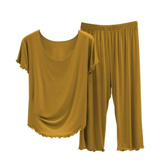 Seductiva 2 Piece Lounge Pjs Women's Solid Color Pajamas Round Neck Short Sleeved Pajamas and Capris Pajama Set