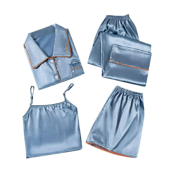 Seductiva Women's Sleepwear Satin Pyjamas Women's Short 4 Piece Pyjamas Short Sleeve Sleepwear and Shorts Set Women Sets Leisure Suit Loungewear Sleepwear Pjs Sets Lounge Set