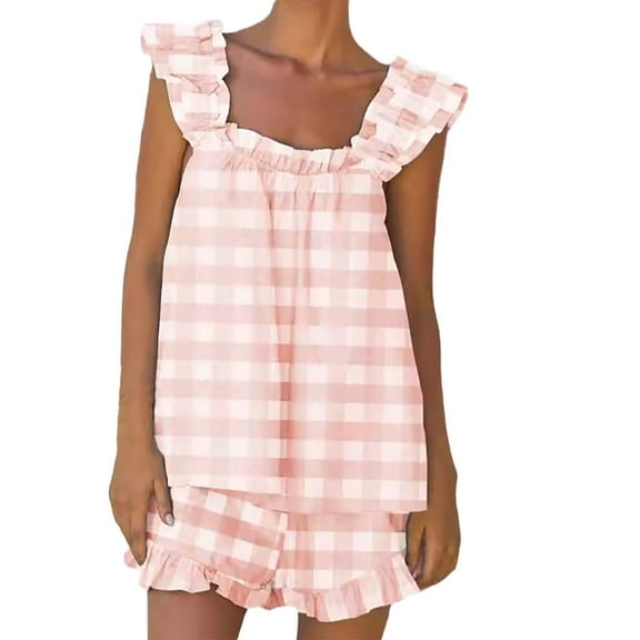Seductiva Clothing 2 Piece Lounge Pjs Women's Pajama Set Soft Cotton Set Summer 2 Outfits Ruffle Trim Top and Shorts Set Sleepwea