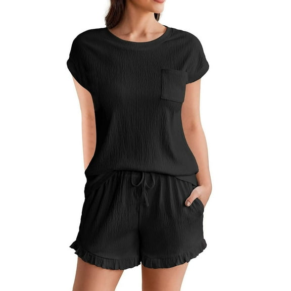 Seductiva Clothing 2 Piece Lounge Pjs Womens Pajama Set Cap Sleeve Set Tops and Ruffle Shorts Pj Sets Casual Sleepwear with Pockets