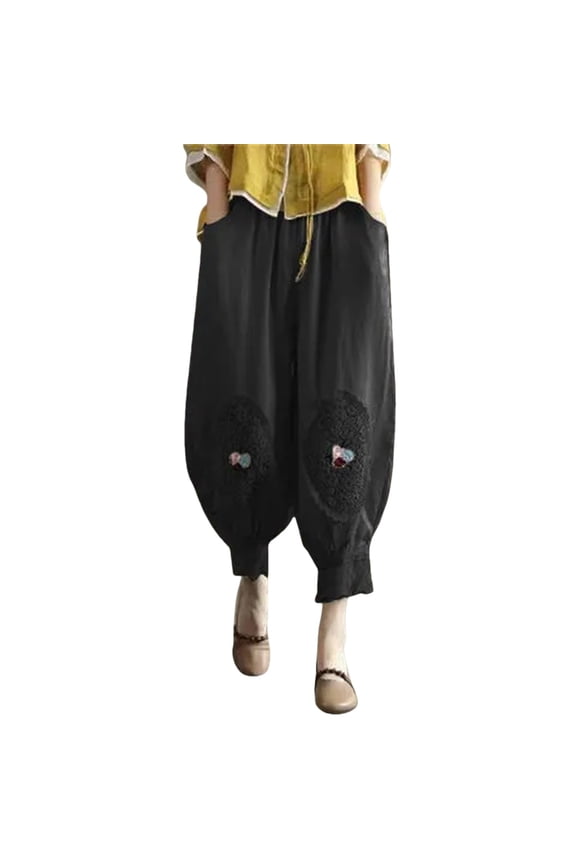 Seductiva Sales Casual Pants for Women Women Harem Pants Flower Embroidered Cotton Linen Ankle Length Trousers Plus Size Cropped Pants