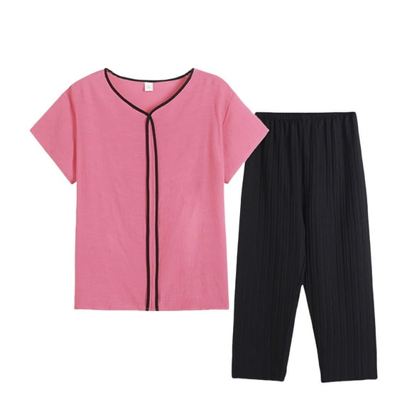 Seductiva Sales Pajama Set for Women Women Summer Middle Embroidered Short Sleeve Color Block T Shirt Set Two Piece Soft Sleepwear