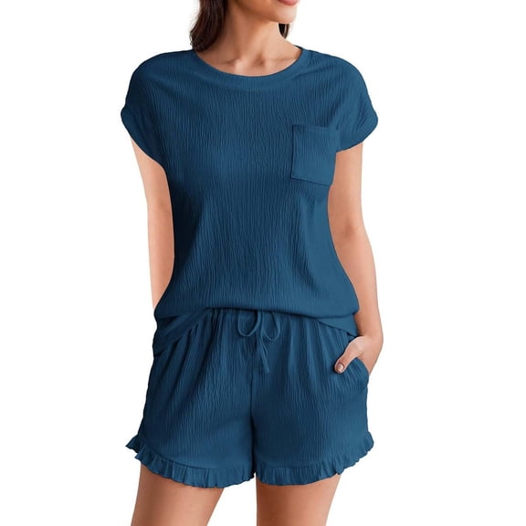 Seductiva Clothing Short Sleeve Pj Set Womens Pajama Set Cap Sleeve Set Tops and Ruffle Shorts Pj Sets Casual Sleepwear with Pockets