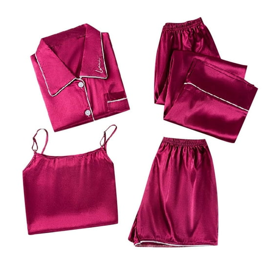Seductiva Clearance Sales Women Casual 2 Piece Outfit Satin Pyjamas Women's Short 4 Piece Pyjamas Short Sleeve Sleepwear and Shorts Set Women Sets Leisure Suit Loungewear