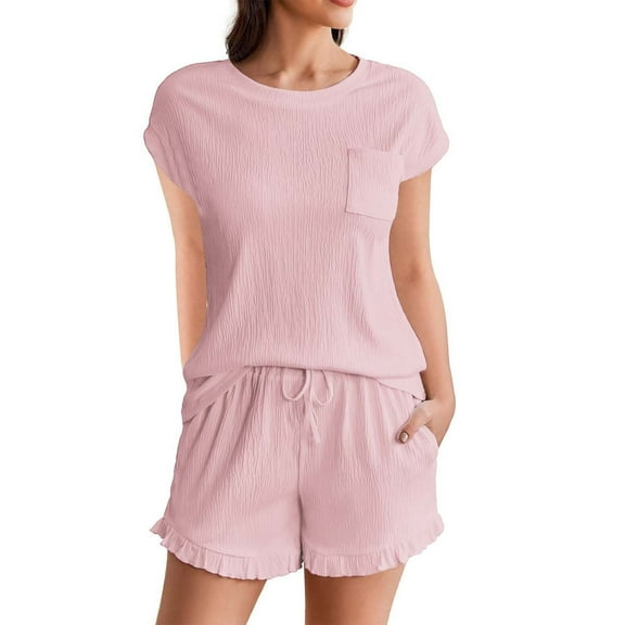 Seductiva Clothing Women Casual 2 Piece Outfit Womens Pajama Set Cap Sleeve Set Tops and Ruffle Shorts Pj Sets Casual Sleepwear with Pockets