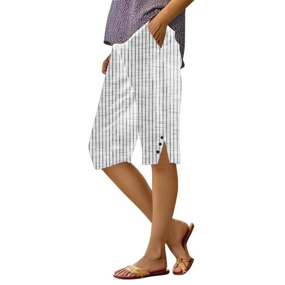 Seductiva Clothing Women's Casual Shorts Women's Fashionable Casual Buttons with Pockets Cotton and Linen Loose Shorts Striped Cotton and Linen Pants