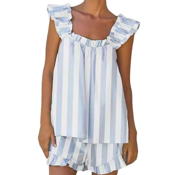 Seductiva Sales pajamas for women set Women's Pajama Set Soft Cotton Set Summer 2 Outfits Ruffle Trim Top and Shorts Set Sleepwea Sleepwear Pjs Sets Lounge Set