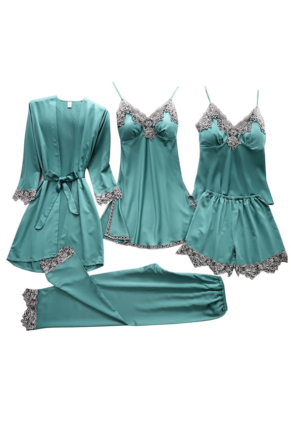 Short Sleeve Pj Set 5-Piece Women Garter Bra Set Robes Lace Bodysuit Deep-V Neck Underwear