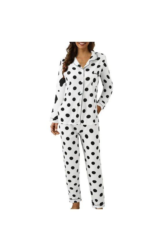 Short Sleeve Pj Set Women Casual Lapel Button Polka Dots Print Two Piece Long Sleeve Pajamas Pajamas Suit Sleepwear Pjs Sets Lounge Set