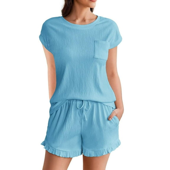Seductiva Clothing Short Sleeve Pj Set Womens Pajama Set Cap Sleeve Set Tops and Ruffle Shorts Pj Sets Casual Sleepwear with Pockets