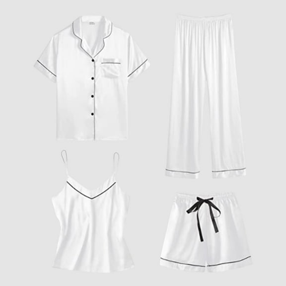 Seductiva Summer Sleepwear Shirt Satin Pyjamas Women's Short 4 Piece Pyjamas Short Sleeve Sleepwear and Shorts Set Women Sets Leisure Suit Loungewear Sleepwear Pjs Sets Lounge Set