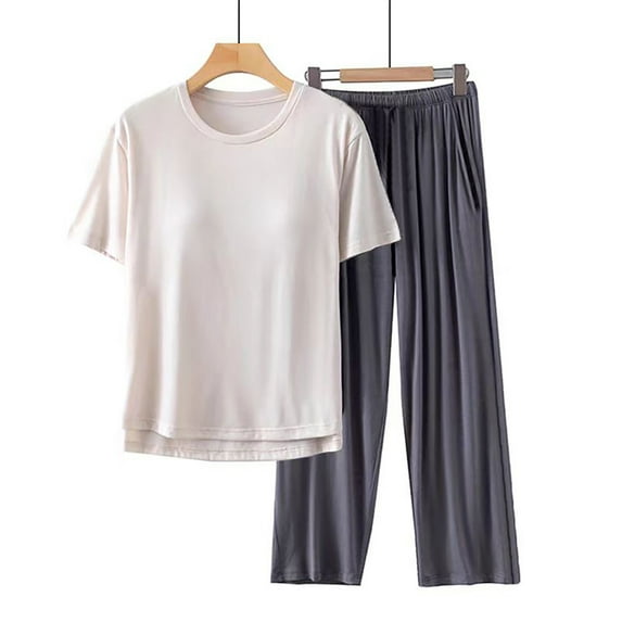 Seductiva Women Pajama Sets Women's Spring/Summer Round Neck Short Sleeve Pants Solid Color with Chest Mat Loose Casual Pajamas Sleepwear Set Sleepwear Pjs Sets Lounge Set
