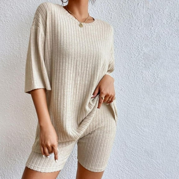 Seductiva Clothing Women's Pajama Set 2 Sets Ribbed Knit Pajamas Matching Outfits T Shirt Biker Shorts Sleepwear Sweatsuits Two Piece Soft Sleepwear