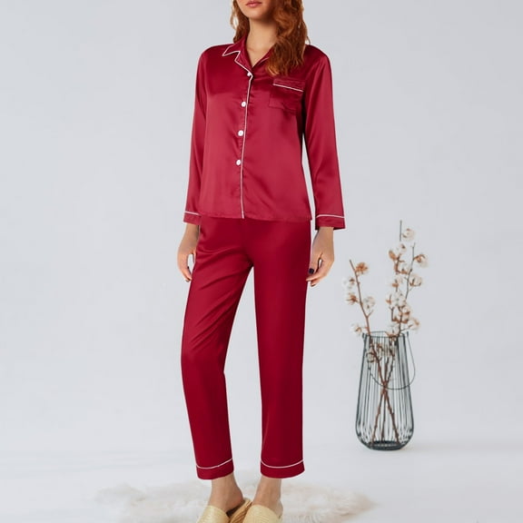 Seductiva Women's Pajama Sleep Sets Silk Satin Pajamas for Women Set 2 Piece Silk Pjs Long Sleeve Top Cozy Sleepwear Silky Pajamas
