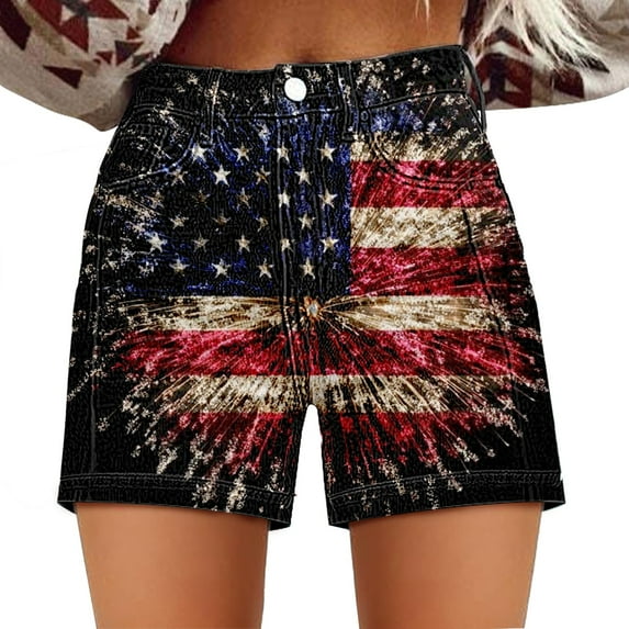 Seductiva Deals of the Day Clearance Women's Original Shorts Women's Independence Day Casual High Waisted Twill Shorts with Loose Fit Artistic Retro Print and Pocket Shorts
