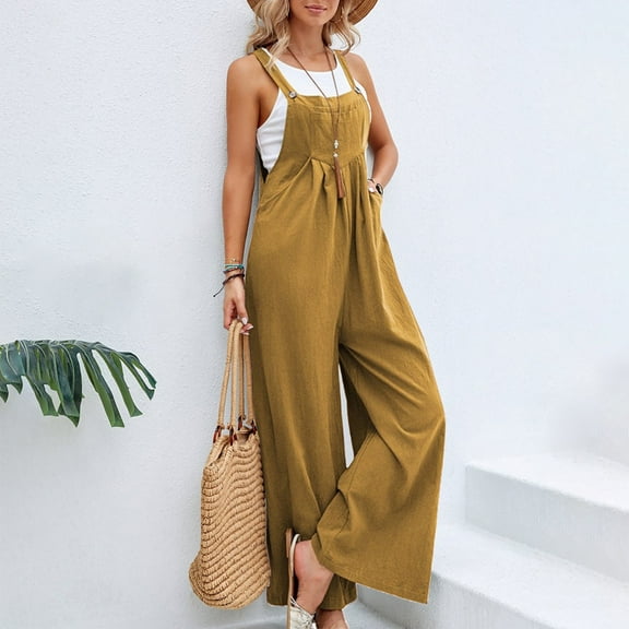 Seductiva Gold Women's Casual Pants Women's Loose Fit Jumpsuit Overalls Lightweight Summer Romper with Adjustable Straps & Pockets, Casual Sleeveless Denim-Like Overalls for Beach