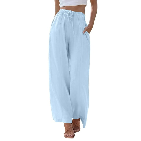 Seductiva Soft Leggings for Women Linen Pants Women Summer Wide Leg Pants Drawstring Elastic Waist Pants High Waisted Pants Casual Beach Trousers Loose Casual Pants