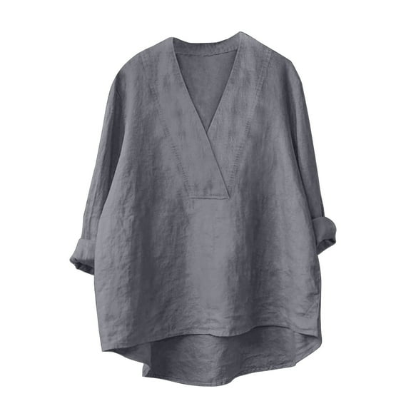 Seductiva Spring Tops Women's Long Sleeve Shirts Workout Cotton Linen Shirts for Women V Neck Long Sleeve Tops Summer Trendy Blouses Casual Loose Tunic Tops Breathable & Easy Care Fabric Basic Tees