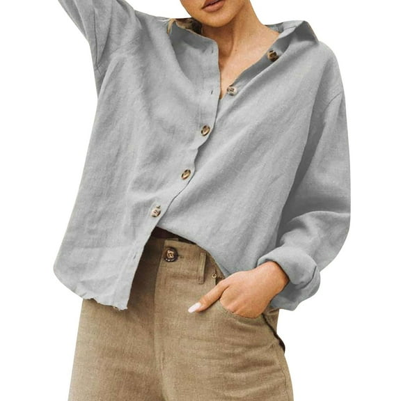 Seductiva Spring Tops Women's Long Sleeve Shirts Workout Ladies' Spring and Summer European and American Fashion Lapel Long Sleeve Cotton and Linen Loose Women's Shirt Breathable & Easy Care Fabric