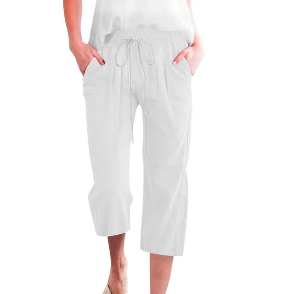 Seductiva Women Flowy Pants Linen Pants Women Summer Wide Leg Capri Pants Drawstring Elastic Waist Pants High Waisted Pants Casual Beach Trousers Beach Pants Loose Fit