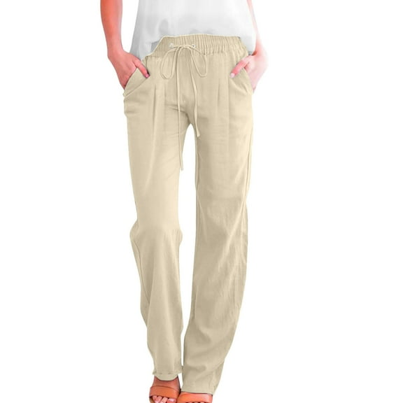 Seductiva Women Flowy Pants Linen Pants Women Summer Wide Leg Pants Drawstring Elastic Waist Pants High Waisted Pants Casual Beach Trousers Beach Pants Loose Fit