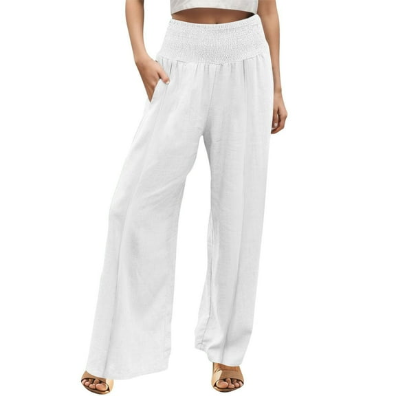 Seductiva Women Flowy Pants Linen Pants Women Summer Wide Leg Pants Drawstring Elastic Waist Pants High Waisted Pants Casual Beach Trousers Beach Pants Loose Fit
