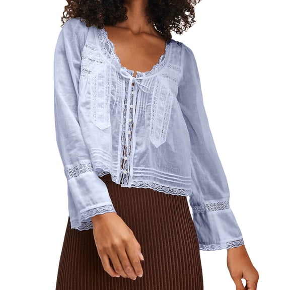 Seductiva Women Long Sleeve Tops Shirts Women Long Sleeve Lace Blouse Tops Vacation Front Tie Solid Elegant Tops Casual Collared Blouses Loose Fit Tunic Tops 2025 Dressy