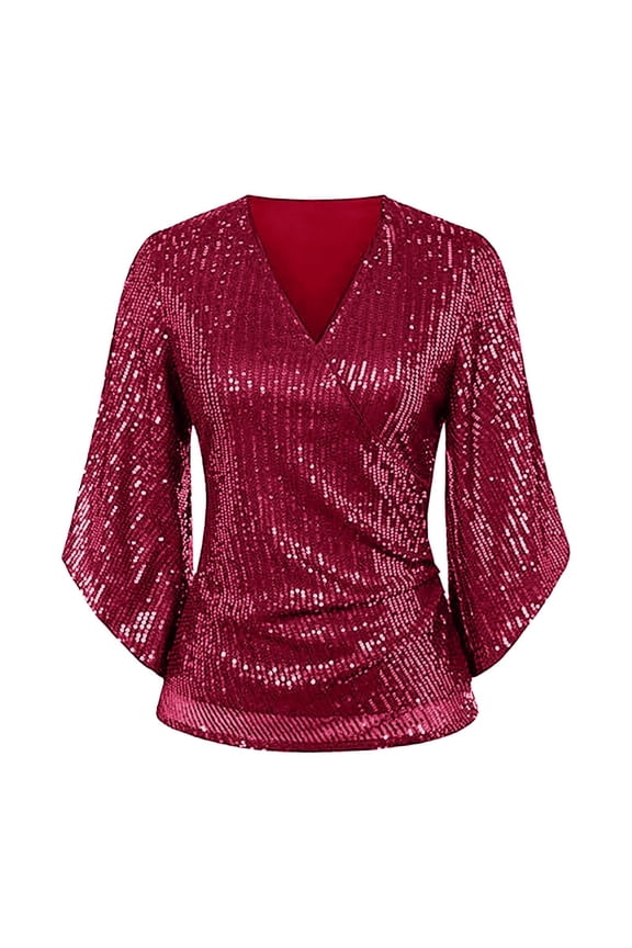 Women Long Sleeve Tops Shirts Women Sequin Tops 3/4 Sleeve Glitter Sparkly Party Blouse V Neck Dressy Tops for Evening Party Casual Collared Blouses Loose Fit Summer Tops Short Sleeve