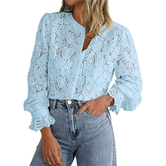 Seductiva Women Long Sleeve Tops Shirts Women Women's Casual Lace Blouse Long Sleeve Button Up Shirts Tops Fall Fashion Clothes Casual Collared Blouses Loose Fit Tunic Tops 2025 Dressy