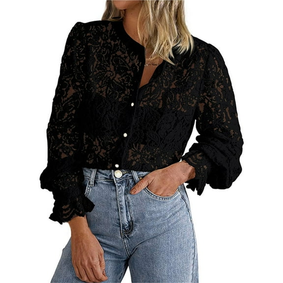 Seductiva Women Long Sleeve Tops Shirts Women Women's Casual Lace Blouse Long Sleeve Button Up Shirts Tops Fall Fashion Clothes Casual Collared Blouses Loose Fit Loose Tees