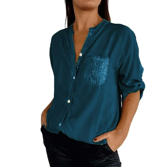 Seductiva Women Long Sleeve Tops Shirts Women Women's Casual V Neck Collared Button Up Blouse Top Solid Summer Shirt Casual Collared Blouses Loose Fit Womens Tops