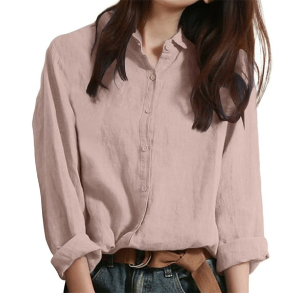 Seductiva Women Long Sleeve Tops Shirts Women Women's Cotton Linen Loose Breathable Shirt Linen Loose Fit Plain Women Work Blouse Tops Beach Casual Women Shirts Casual Collared Blouses Loose Fit