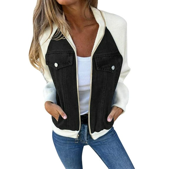 Seductiva Women Long Sleeve Tops Shirts Women Women's Long Sleeve Denim Jacket Stylish Casual Zipper Patch Women Work Color Block Denim Shirt Top Casual Collared Blouses Loose Fit Basic Tees