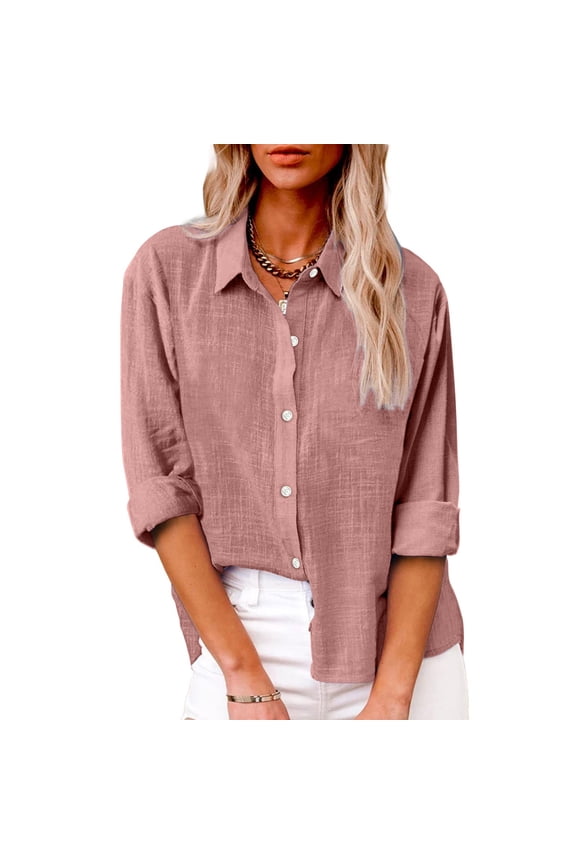 Women Long Sleeve Tops Shirts Women Women's Solid Color Stand Up Collar Cotton and Line Long Sleeve Shirt Blouse Casual Collared Blouses Loose Fit Outfits Workout