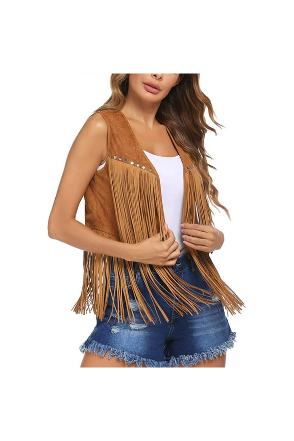 Women Sleeveless Tops Shirts Women's Summer Suede Tassel Buttonless Mid Length Vest Cardigan Top Casual Collared Blouses Loose Fit Summer Tops