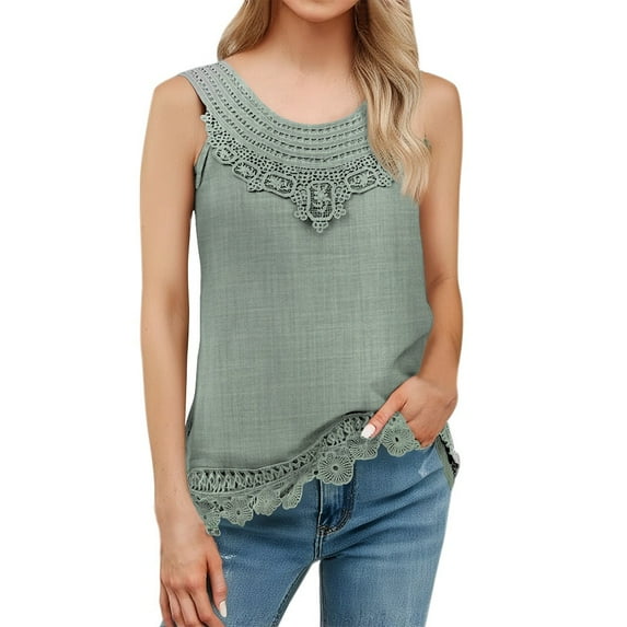 Seductiva Women Tank Tops Summer Women O Neck Sleeveless Pure Color Lace Plus Size Vest Tops Loose T Shirt Blouse Sleeveless Basic Cami Top Shirt Loose Tees