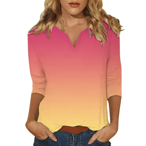 Seductiva Women's 3/4 Length Sleeve Tops 2025 Summer 3/4 Sleeve Tops for Women Summer Notched V Neck Plain T Shirts Casual Cute Three Quarter Length Blouses Loose Casual Fit Tees Blouses Basic Tees