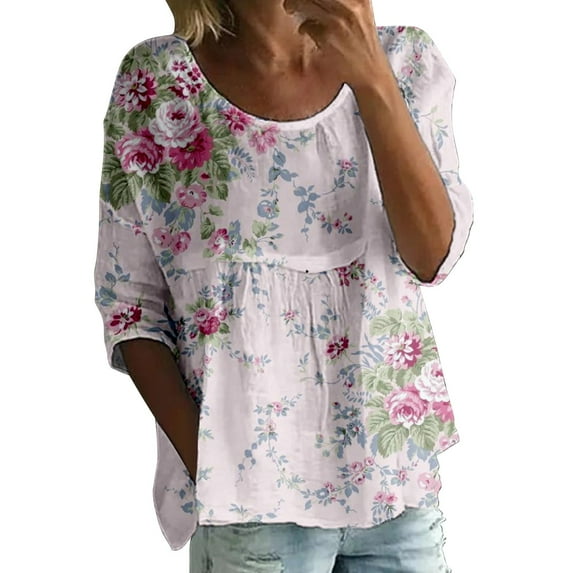 Seductiva Women's Casual 3/4 Sleeve T-Shirts Women Women's Floral Print T Shirt Half Sleeve Round Neck Shirt 3/4 Sleeve T Shirt Loose Large Size T Shirt Tops Basic Tees Blouses Casual Tops