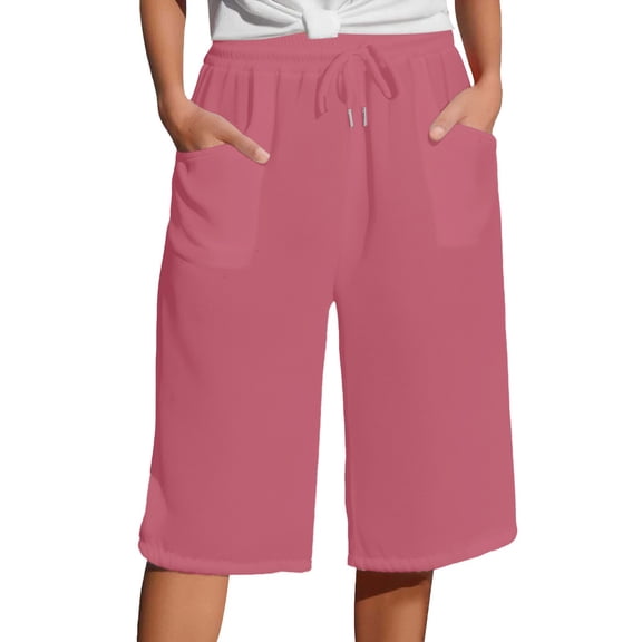 Seductiva Women's Casual Pants Women's Solid Color Cotton Linen Pants with Pockets Drawstring Loose Casual Five Quarter Pants Women's Original Shorts 1PC