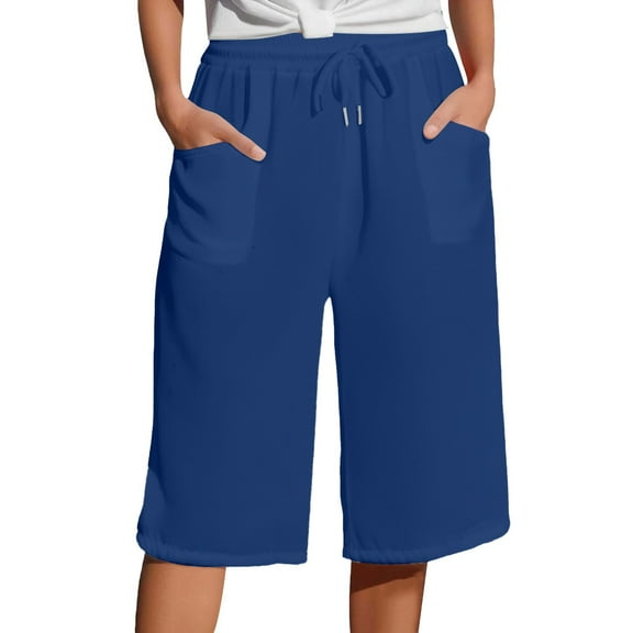 Seductiva Women's Casual Pants Women's Solid Color Cotton Linen Pants with Pockets Drawstring Loose Casual Five Quarter Pants Women's Original Shorts 1PC