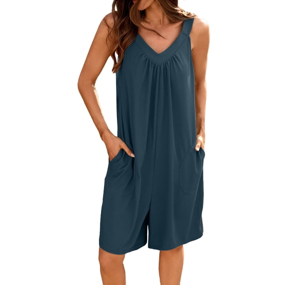 Seductiva Women's Casual Pants Women's Summer Fashionable Casual Solid Color V Neck Loose Pocket Sleeveless Shorts Jumpsuit Women's Original Shorts 1PC