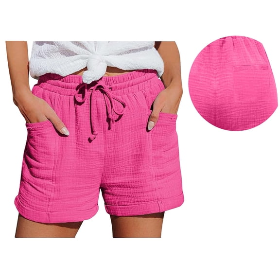 Seductiva Women's Casual Shorts Women's Casual Solid Color Elastic Waist Cotton Linen Sports Shorts Buttocks Real Pocket Shorts Sweatpants Summer 1PC